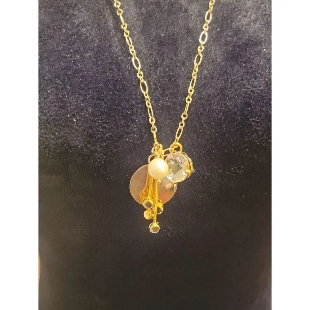 J. Crew Gold Tone Cluster Necklace with Pearl and Clear Crystal